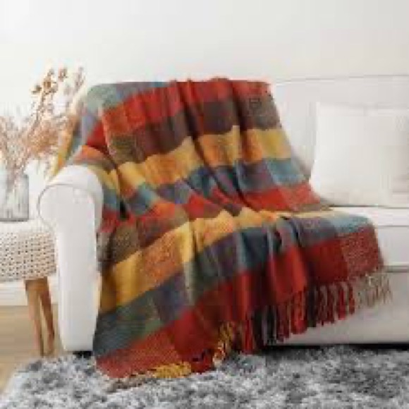 Spiced Cha Chunky Yarn Multicolor Plaid Throw Blanket - Picture 6 of 11